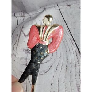 Vintage Brooch Metal Stamp Fashion Style Enamel c clasp gold tone 3in Pin